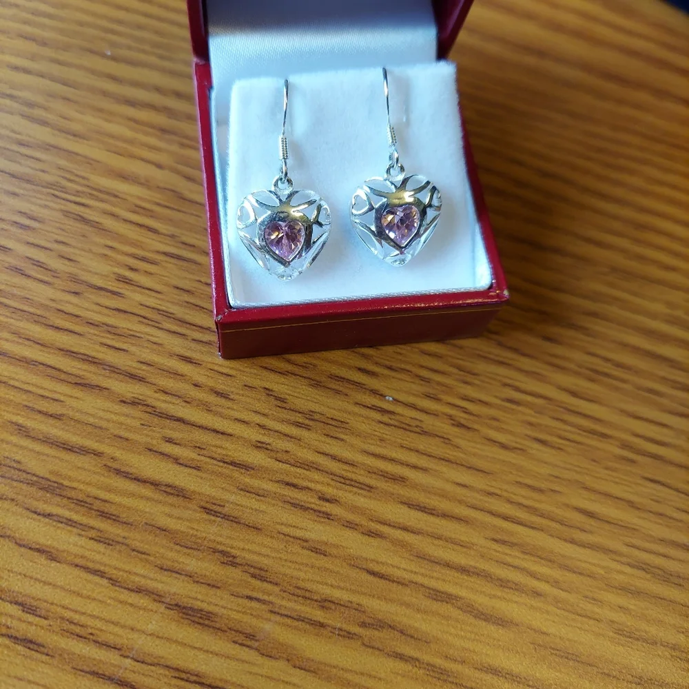SS 925 Dangle Heart Earrings w/Pink Cz 1", GC. - Picture 6 of 8